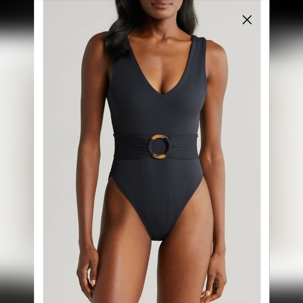 MONTCE KIM BELTED RIB ONE PIECE SWIMSUIT IN BLACK RIB/SZ:LARGE - Picture 1 of 11